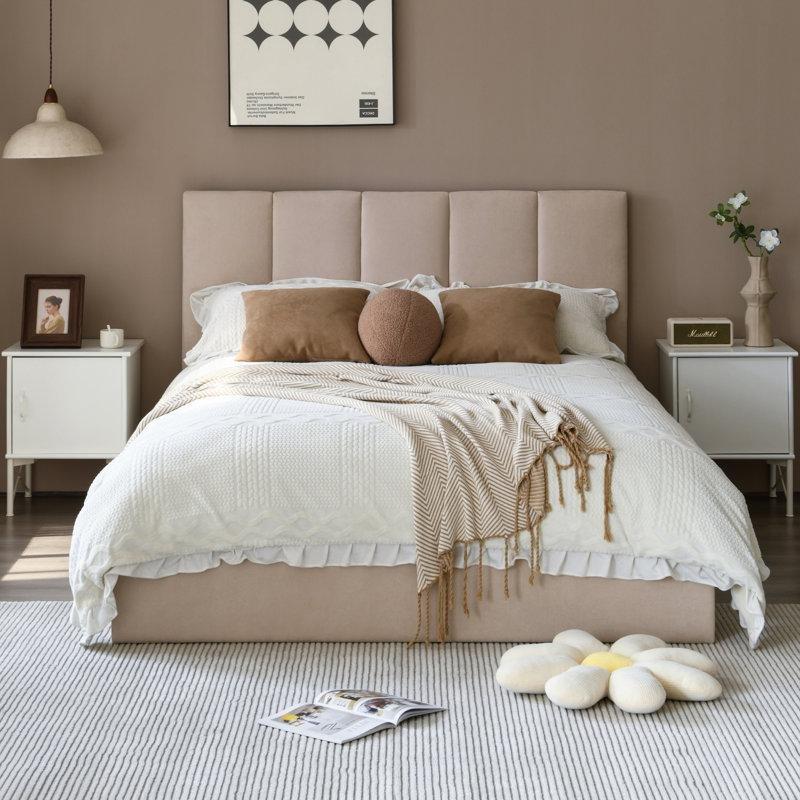 Bej Buklet Kumaş Hidrolik Bazalı Kanatlı Başlıklı Karyola - 160x200 cm - 143524