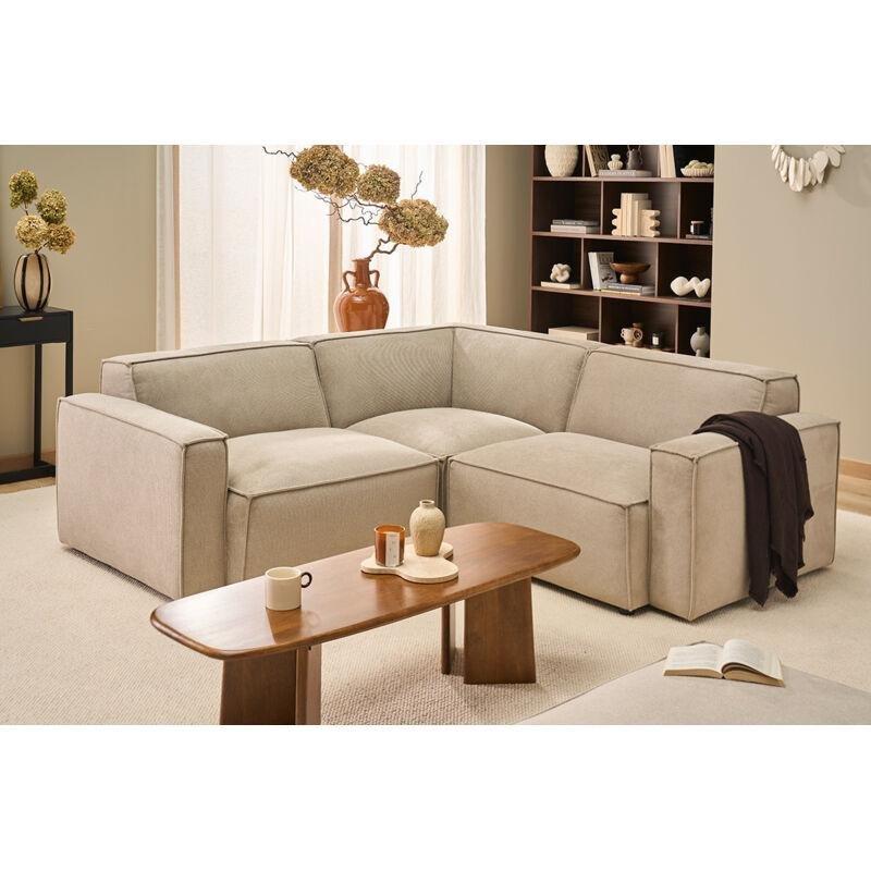 Bej Dokulu Kadife Kumaş Modüler 3 Kişilik Köşe Koltuk - 202 cm - 153296