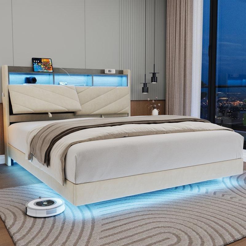 Bej Dokulu Kumaş LED Aydınlatmalı ve Şarj İstasyonlu Ayarlanabilir Başlıklı Karyola - 157x220 cm - 142369