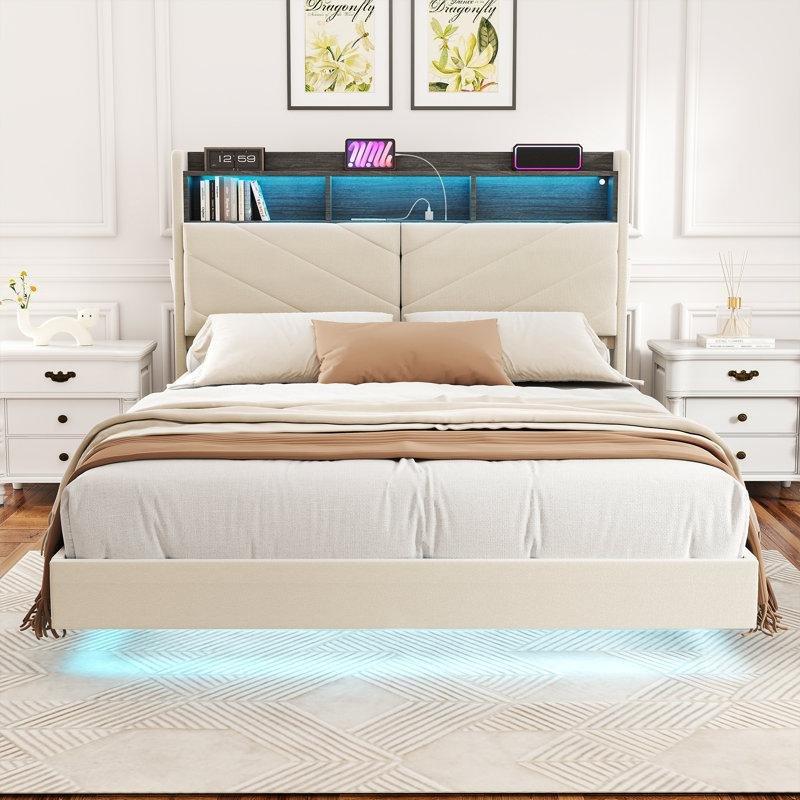 Bej Dokulu Kumaş LED Aydınlatmalı ve Şarj İstasyonlu Ayarlanabilir Başlıklı Karyola - 157x220 cm - 142369