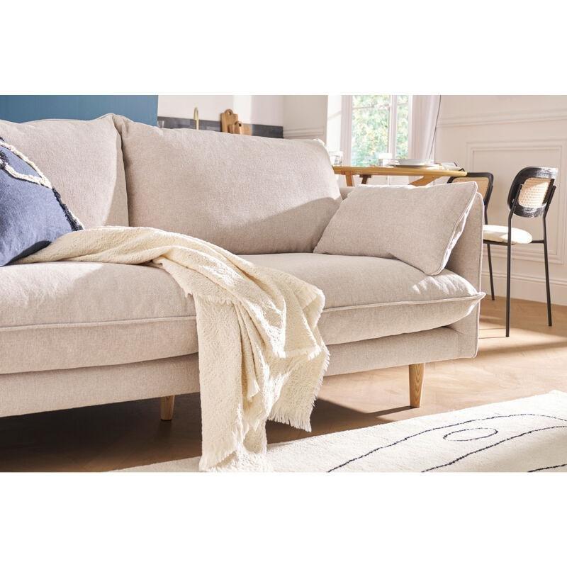 Bej Dokulu Kumaş Masif Dişbudak Ayaklı 3 Kişilik İskandinav Tarzı Koltuk - 180x88 cm - 154092