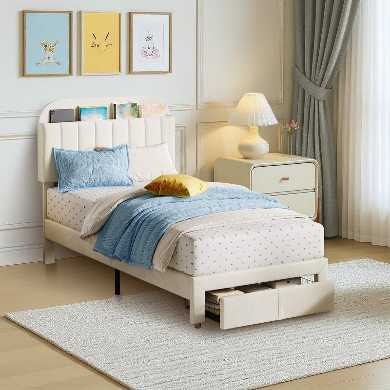 Bej Döşemeli Kitaplıklı ve Çekmeceli Çocuk Karyolası - 195x104 cm - 142933