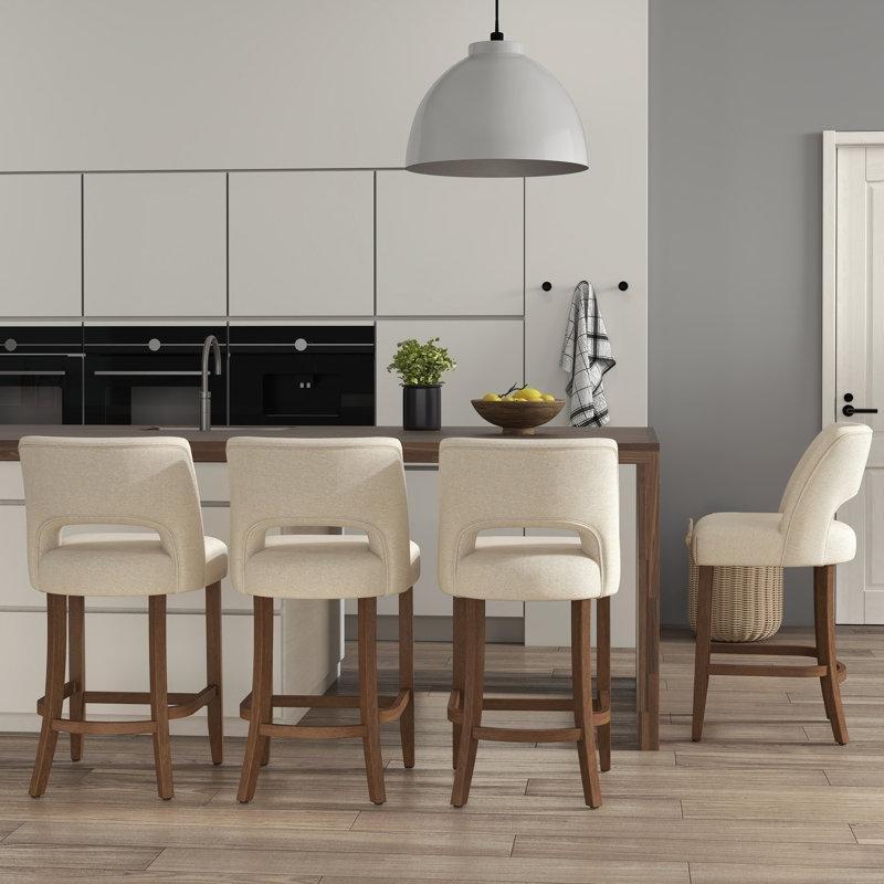 Bej Döşemeli Masif Ahşap Ayak Destekli 4lü Set Bar Sandalyesi - 67 cm - 147924