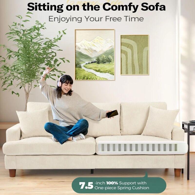 Bej Fitilli Kadife Ahşap 3 Kişilik Koltuk - 220 cm - 153692