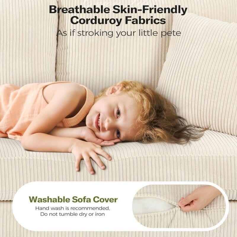 Bej Fitilli Kadife Ahşap 3 Kişilik Koltuk - 220 cm - 153692