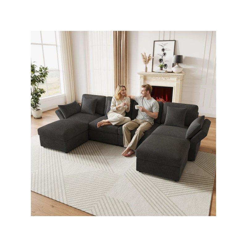 Bej Fitilli Kadife Ayarlanabilir Kollu 6 Kişilik U Köşe Koltuk Takımı - 290x160 cm - 155764