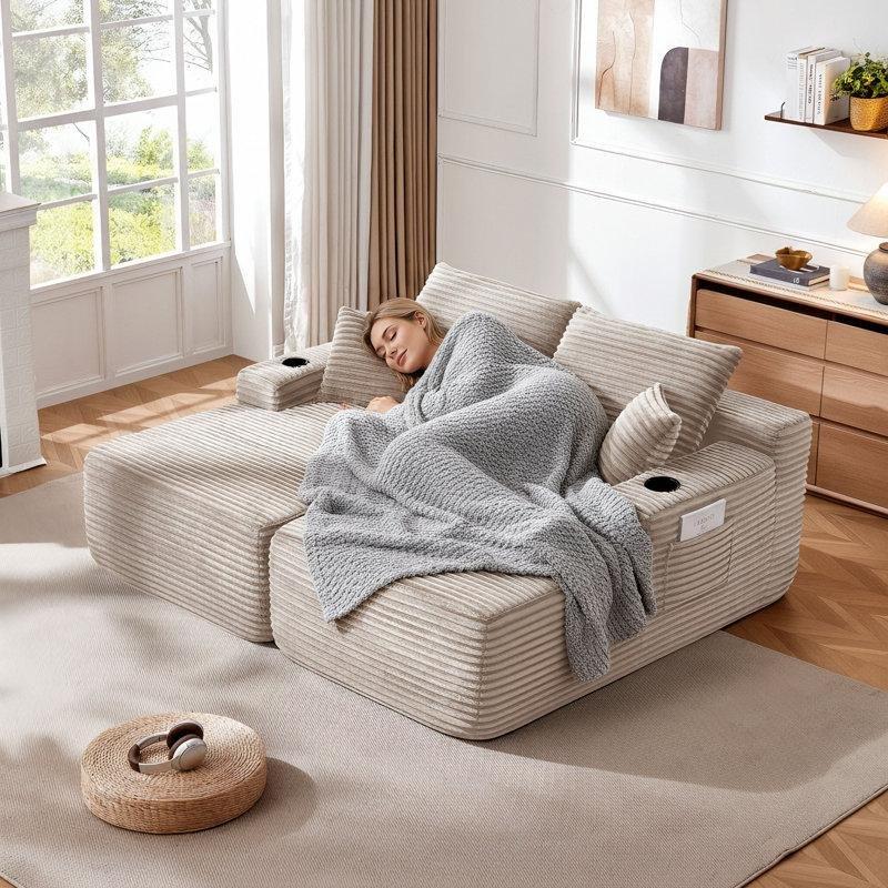 Bej Fitilli Kadife Bardaklıklı ve Cepli Yataklı Modüler Çift Kişilik Tv Koltuğu - 175 cm - 156364