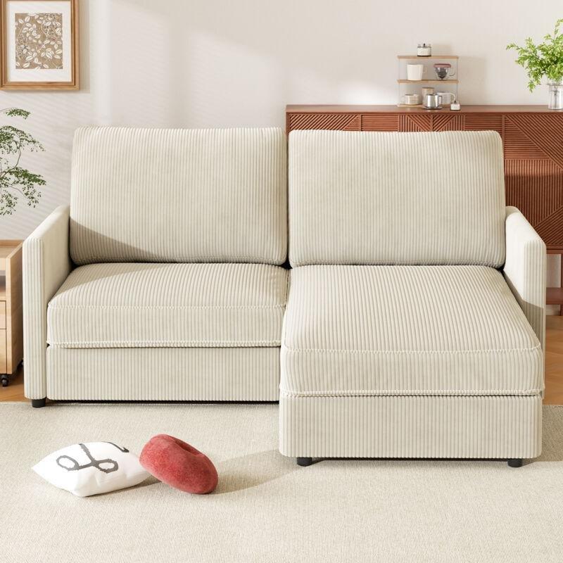 Bej Fitilli Kadife Yönü Değiştirilebilir 2 Kişilik Köşe Koltuk - 180x137 cm - 153310