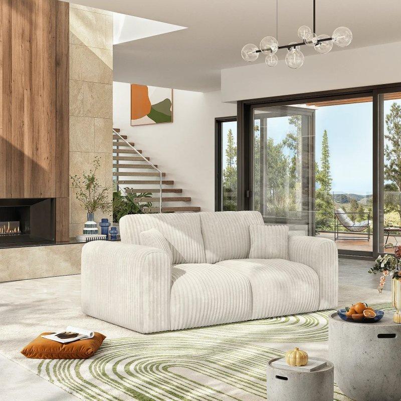 Bej Fitilli Kumaş Kalın Kolçaklı Üçlü Koltuk - 213 cm - 154694