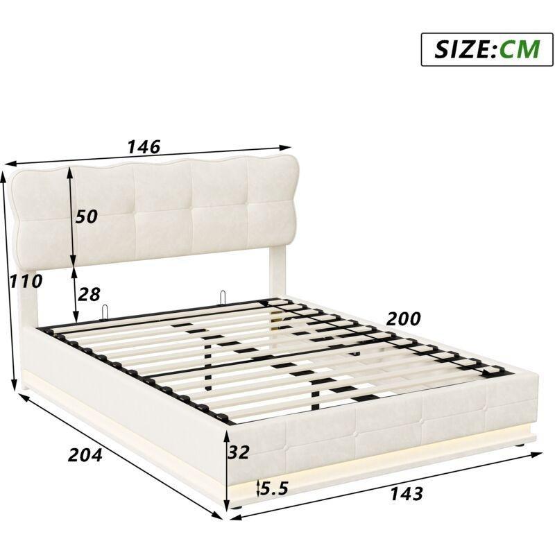 Bej Kadife Bulut Başlıklı LED Aydınlatmalı Hidrolik Sandıklı Baza - 140x190 cm - 144089