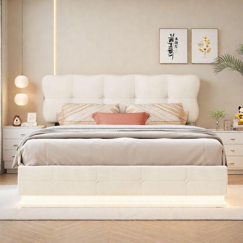 Bej Kadife Bulut Başlıklı LED Aydınlatmalı Hidrolik Sandıklı Baza - 140x190 cm - 144089