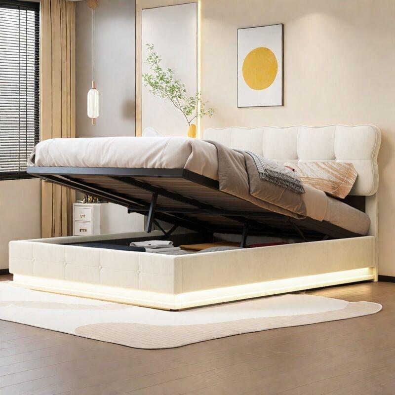 Bej Kadife Bulut Başlıklı LED Aydınlatmalı Hidrolik Sandıklı Baza - 140x190 cm - 144089