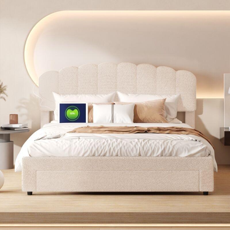 Bej Kadife Çekmeceli ve Ayarlanabilir Başlıklı İskandinav Baza - 140x200 cm - 143898
