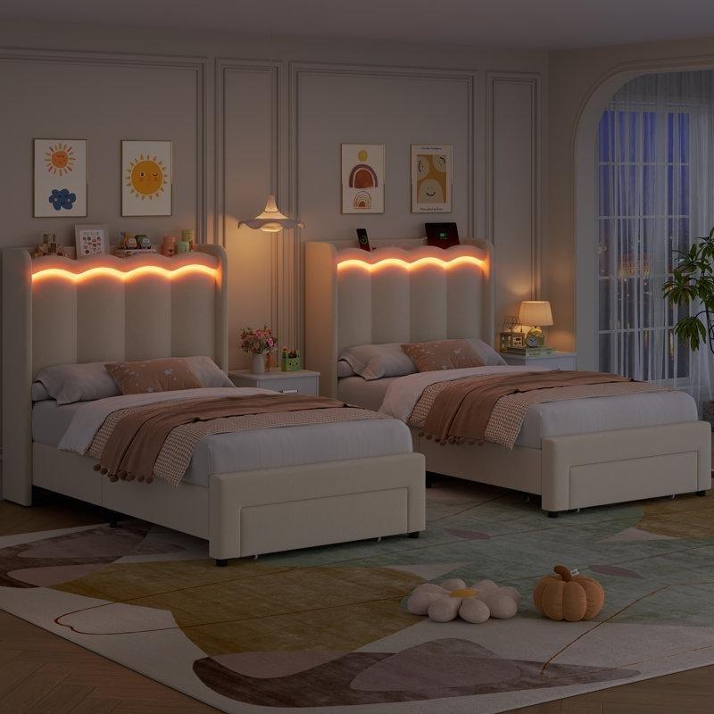 Bej Kadife Döşemeli LED Işıklı Çekmeceli Çocuk Karyolası - 143008