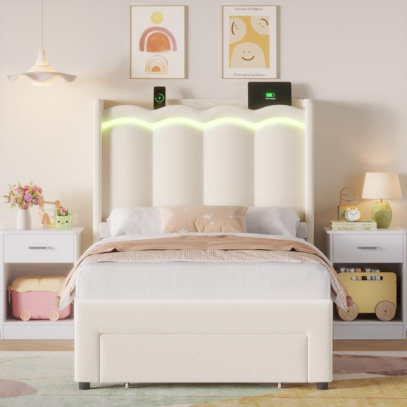 Bej Kadife Döşemeli LED Işıklı Çekmeceli Çocuk Karyolası - 143008
