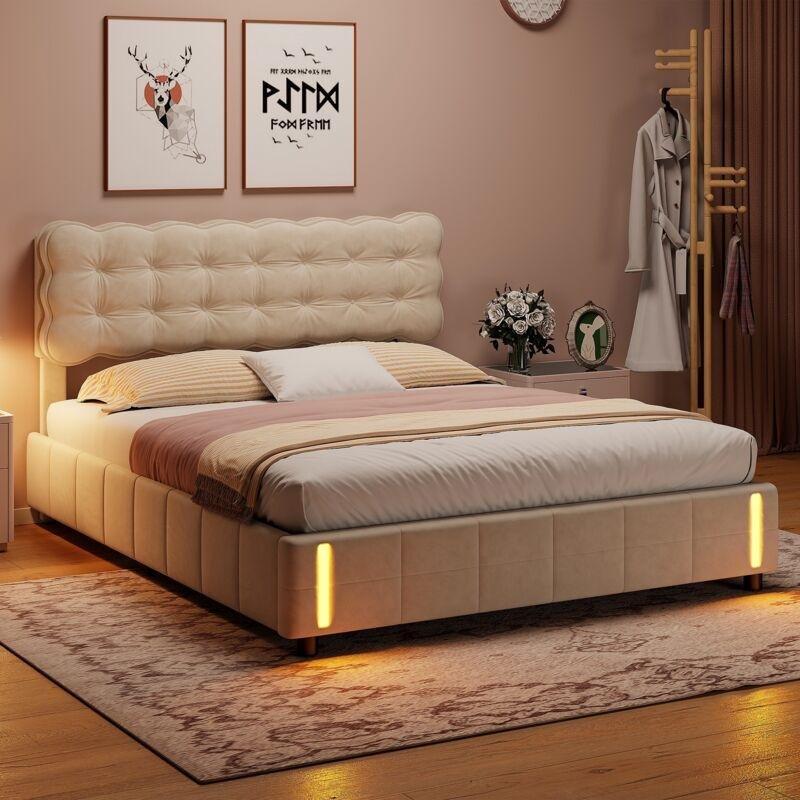Bej Kadife Hareket Sensörlü LED Işıklı Sandıklı Baza - 140x200 cm - 144110