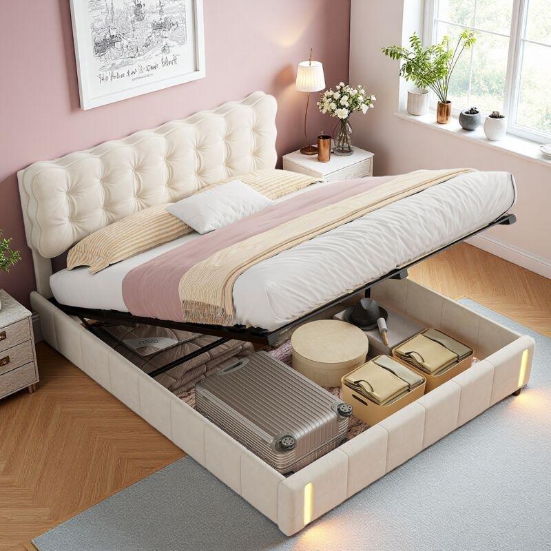 Bej Kadife Hareket Sensörlü LED Işıklı Sandıklı Baza - 140x200 cm - 144110