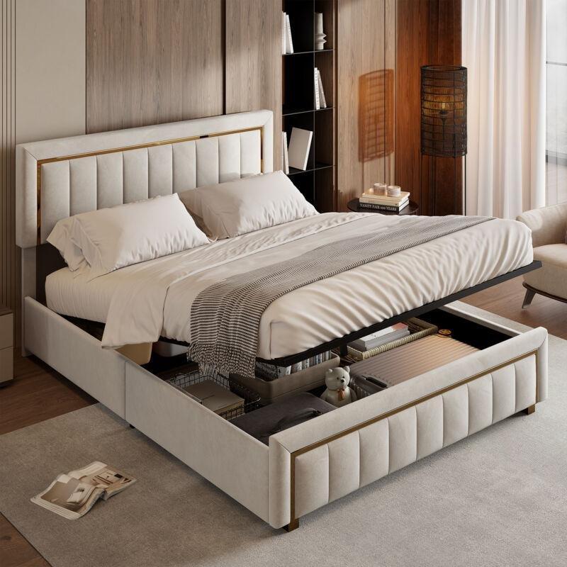 Bej Kadife Hidrolik Amortisörlü Sandıklı Baza - 160x200 cm - 144044