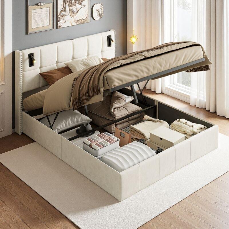 Bej Kadife Hidrolik Okuma Lambalı Sandıklı Baza - 140x200 cm - 144113