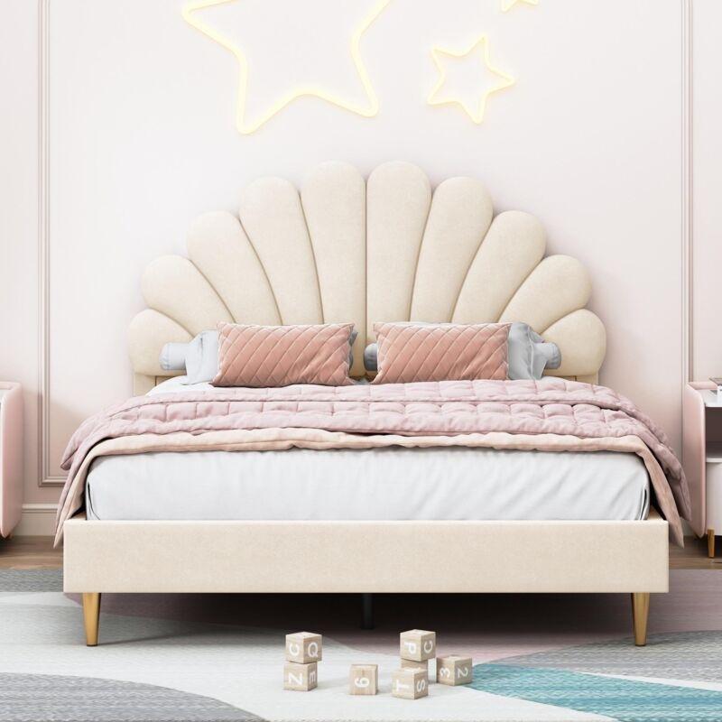 Bej Kadife Kapitoneli Çiçek Başlıklı İskandinav Tasarım Çıtalı Baza - 140x190 cm - 143579