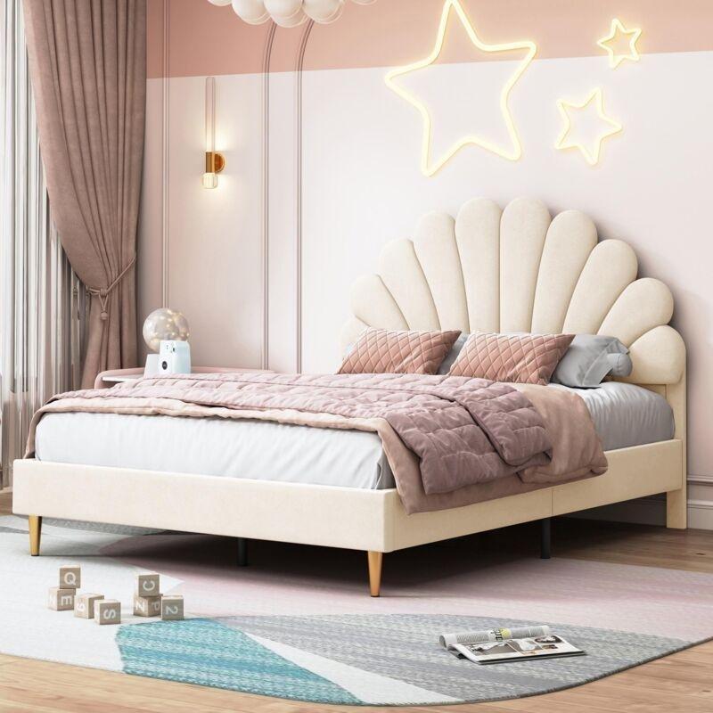 Bej Kadife Kapitoneli Çiçek Başlıklı İskandinav Tasarım Çıtalı Baza - 140x190 cm - 143579