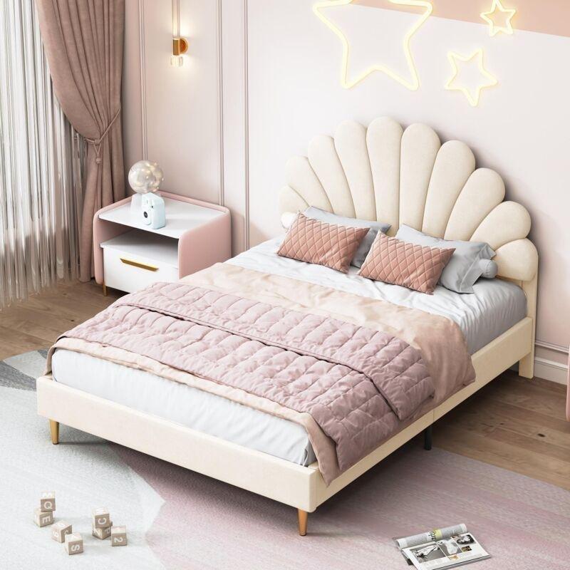 Bej Kadife Kapitoneli Çiçek Başlıklı İskandinav Tasarım Çıtalı Baza - 140x190 cm - 143579