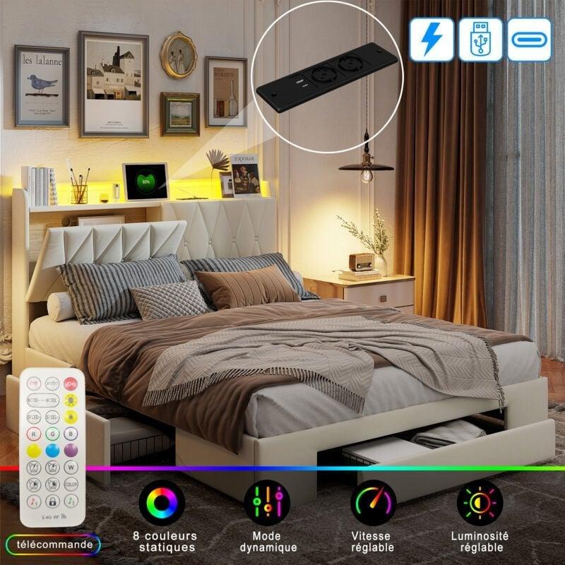 Bej Kadife Kapitoneli LED Işıklı ve USB Şarjlı 3 Çekmeceli Baza - 140x190 cm - 143593