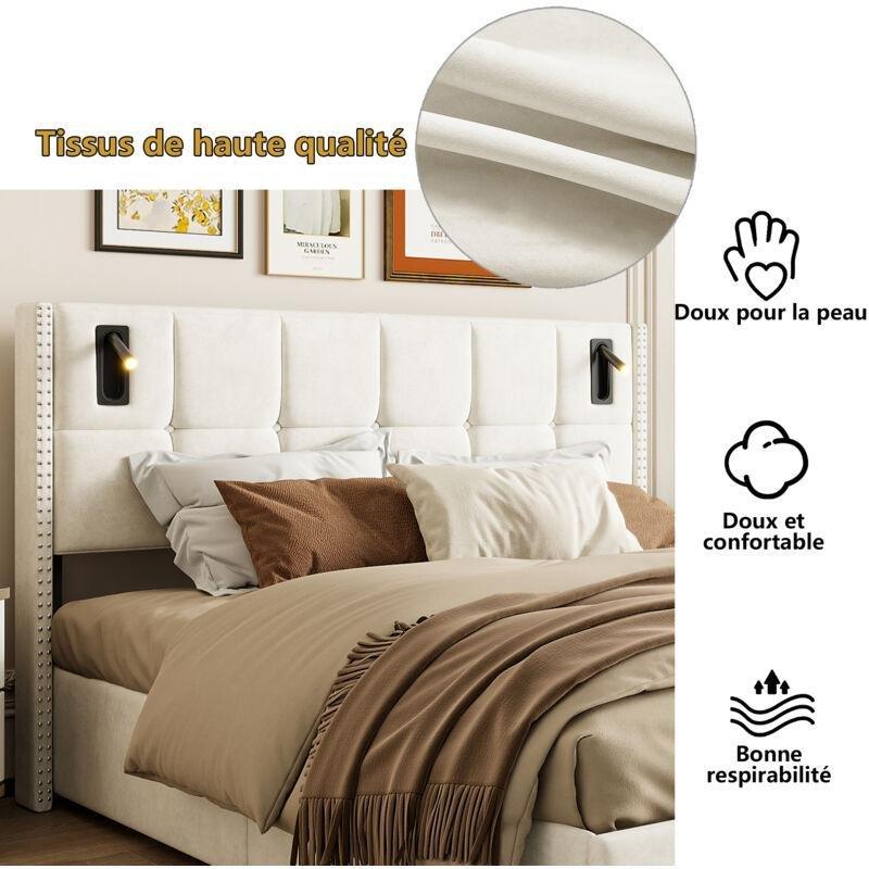 Bej Kadife Kapitoneli Perçinli Akıllı Okuma Lambalı Sandıklı Baza - 140x200 cm - 143952