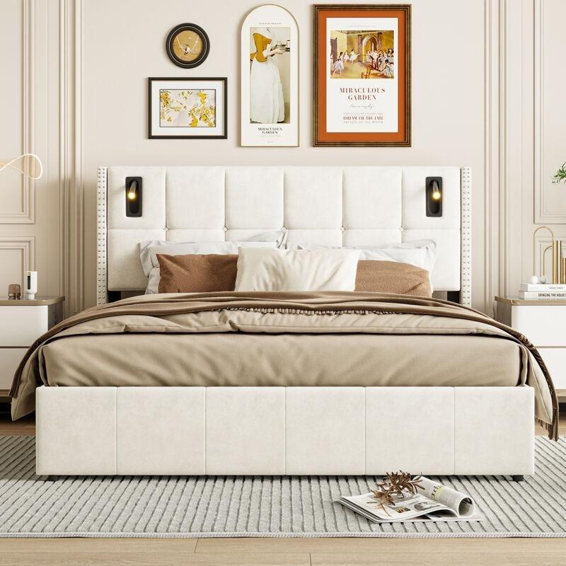 Bej Kadife Kapitoneli Perçinli Akıllı Okuma Lambalı Sandıklı Baza - 140x200 cm - 143952