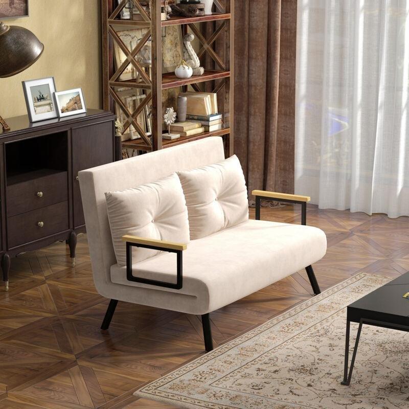 Bej Kadife Kumaş 5 Kademeli Sırt Ayarlı Yatak Olan İkili Koltuk - 102 cm - 152828