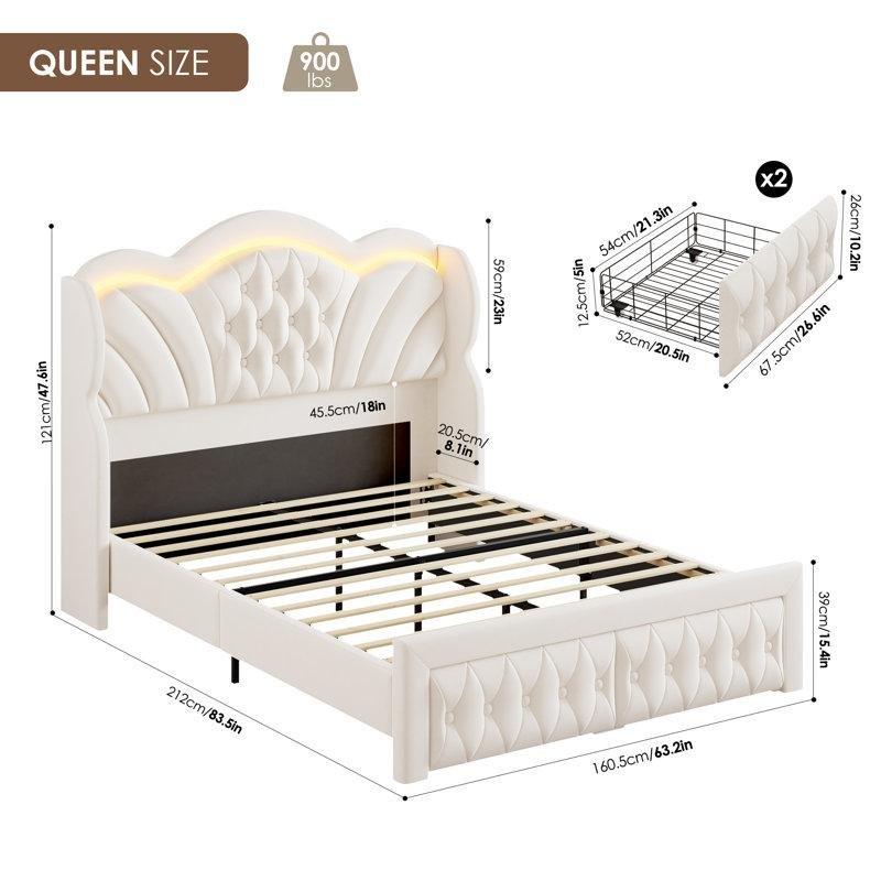 Bej Kadife Kumaş LED Işıklı Çekmeceli Kapitoneli Karyola - 160x200 cm - 142981