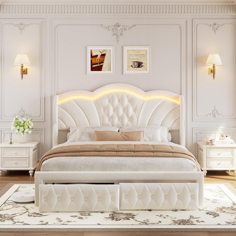 Bej Kadife Kumaş LED Işıklı Çekmeceli Kapitoneli Karyola - 160x200 cm - 142981