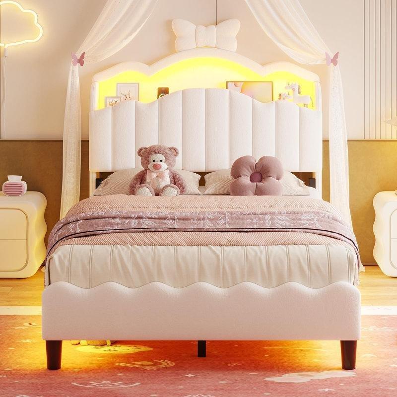Bej Kadife Kumaş LED Işıklı ve USB Şarjlı Raflı Yatak Başlığı - 102 cm - 144525