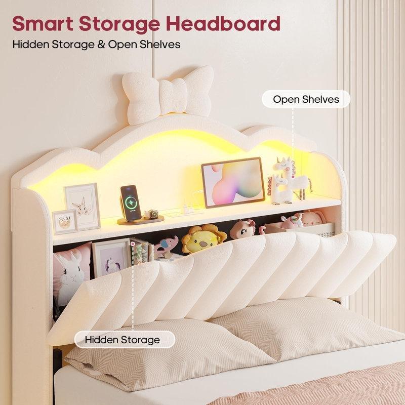 Bej Kadife Kumaş LED Işıklı ve USB Şarjlı Raflı Yatak Başlığı - 102 cm - 144525