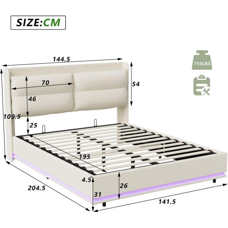 Bej Kadife LED Aydınlatmalı USB Portlu Kablosuz Şarjlı Sandıklı Baza - 140x200 cm - 144009