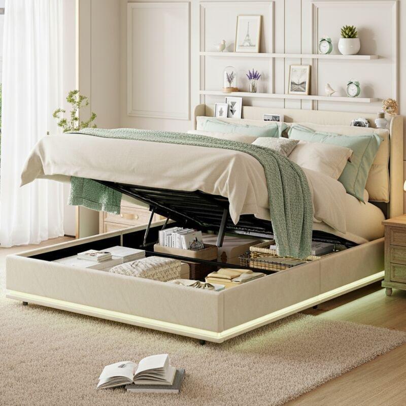 Bej Kadife LED Aydınlatmalı USB Portlu Kablosuz Şarjlı Sandıklı Baza - 140x200 cm - 144009