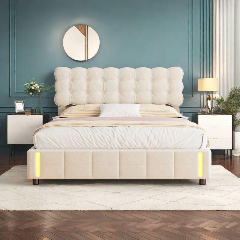 Bej Kadife LED Işıklı Gece Sensörlü Sandıklı Baza - 140x200 cm - 144012