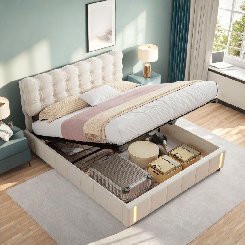 Bej Kadife LED Işıklı Gece Sensörlü Sandıklı Baza - 140x200 cm - 144012