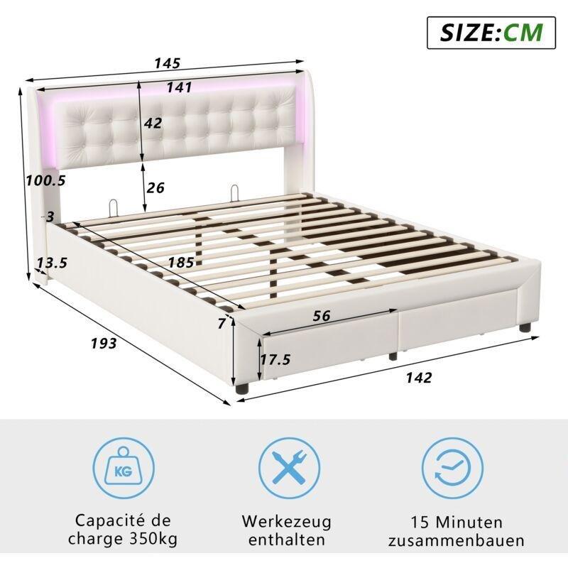 Bej Kadife LED Işıklı Hidrolik Çekmeceli Baza - 140x190 cm - 143815