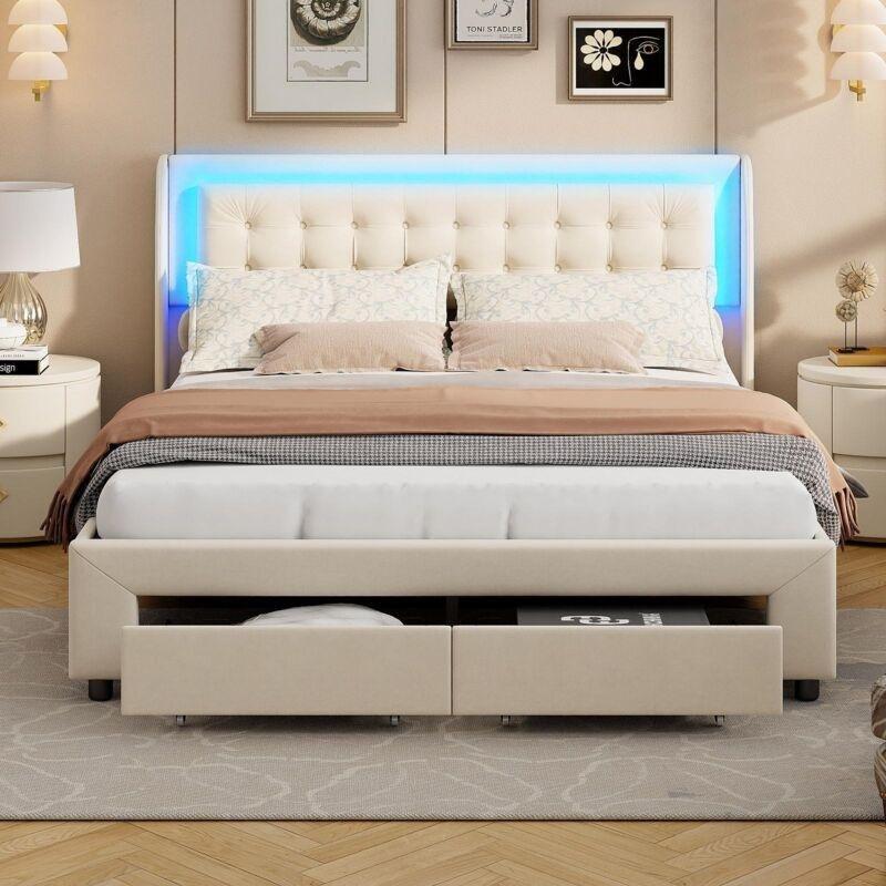Bej Kadife LED Işıklı Hidrolik Çekmeceli Baza - 140x190 cm - 143815