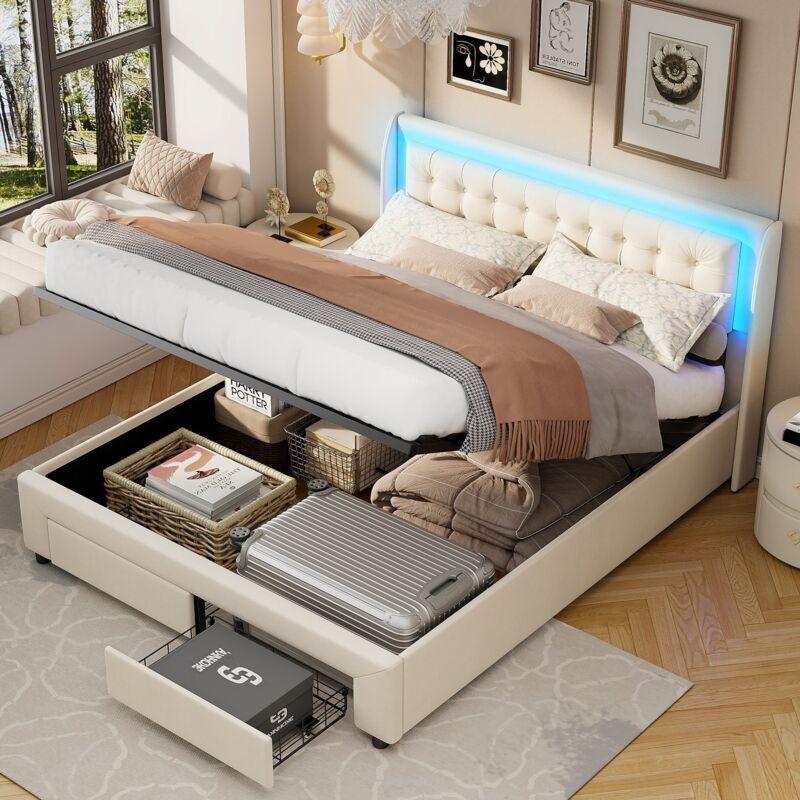 Bej Kadife LED Işıklı Hidrolik Çekmeceli Baza - 140x190 cm - 143815