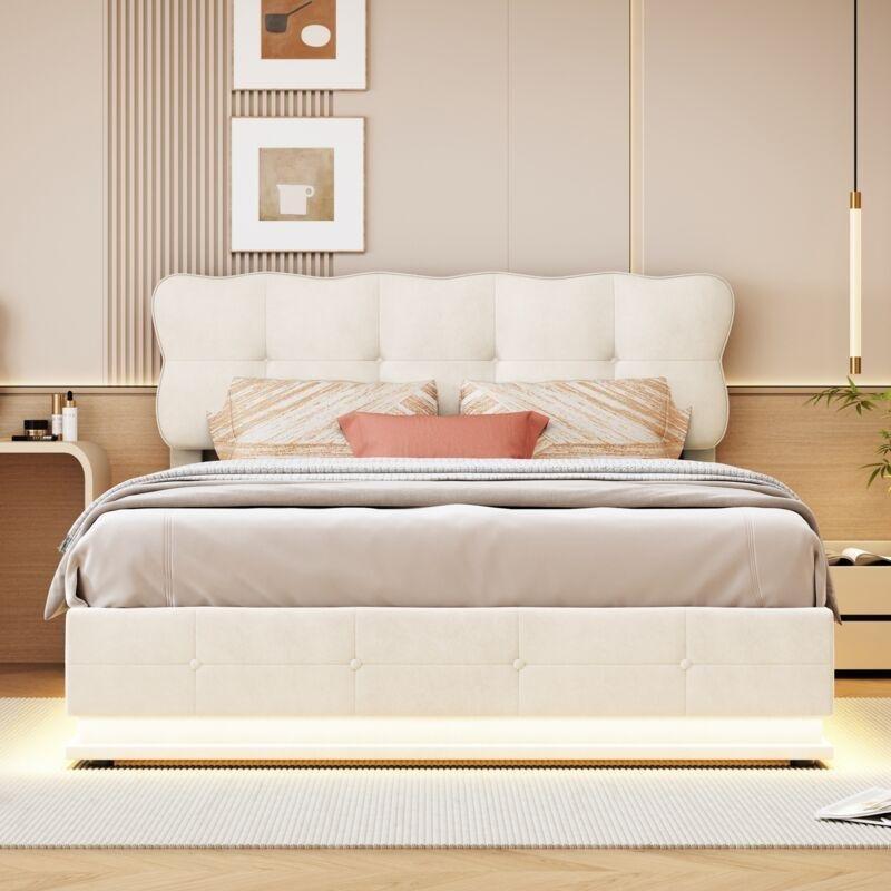 Bej Kadife LED Işıklı Hidrolik Sandıklı Kapitoneli Baza - 160x200 cm - 144134