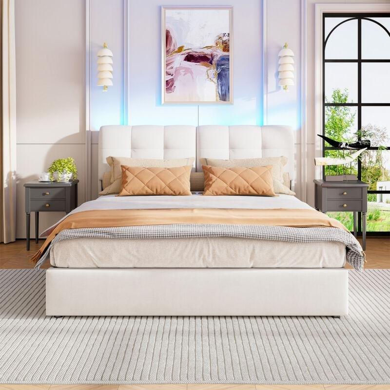 Bej Kadife LED Işıklı USB Girişli Kapitoneli Sandıklı Baza - 140x200 cm - 144062