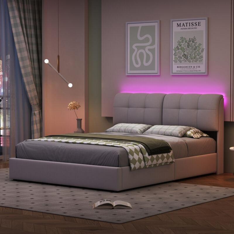 Bej Kadife LED Işıklı USB Girişli Kapitoneli Sandıklı Baza - 140x200 cm - 144062