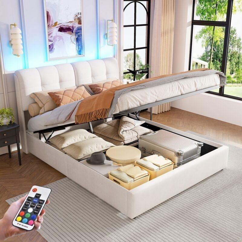 Bej Kadife LED Işıklı USB Girişli Kapitoneli Sandıklı Baza - 140x200 cm - 144062