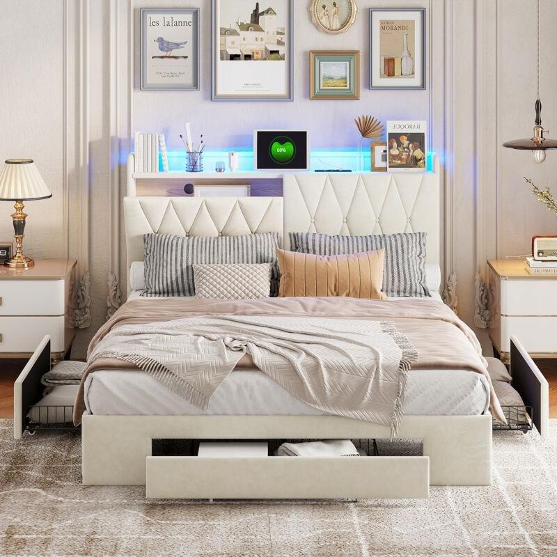 Bej Kadife LED Işıklı USB Şarjlı 3 Çekmeceli Başlık Raflı Baza - 160x200 cm - 143881