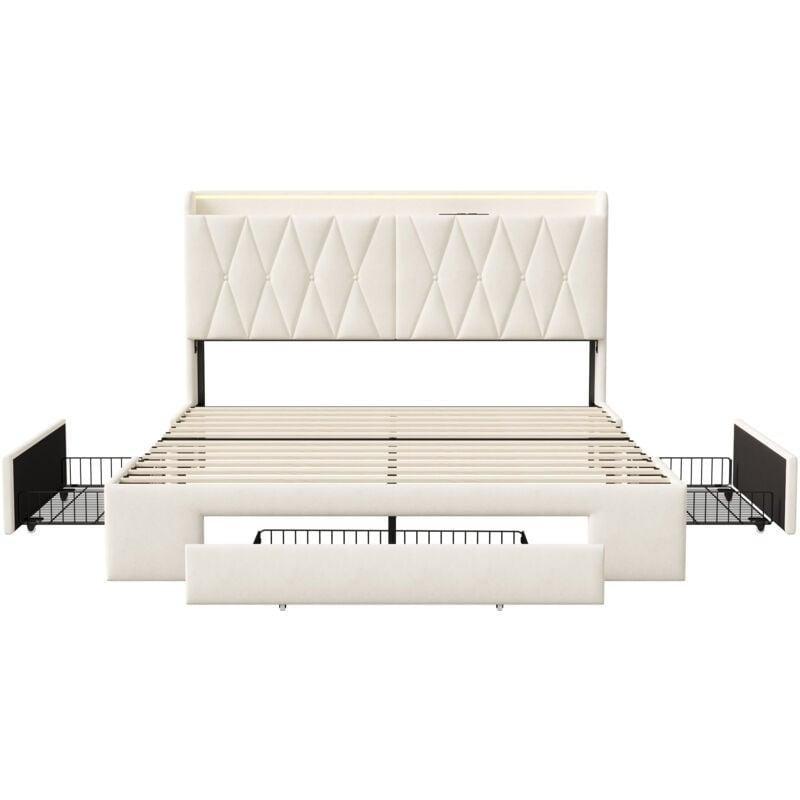 Bej Kadife LED Işıklı USB Şarjlı 3 Çekmeceli Başlık Raflı Baza - 160x200 cm - 143881