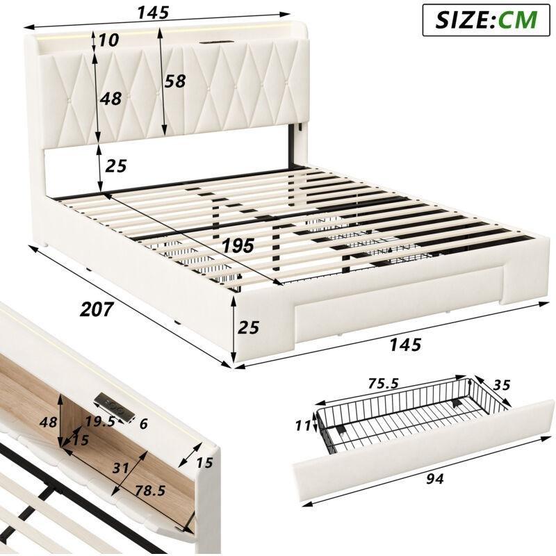 Bej Kadife LED Işıklı USB Şarjlı 3 Çekmeceli Sandıklı Baza - 140x190 cm - 143830