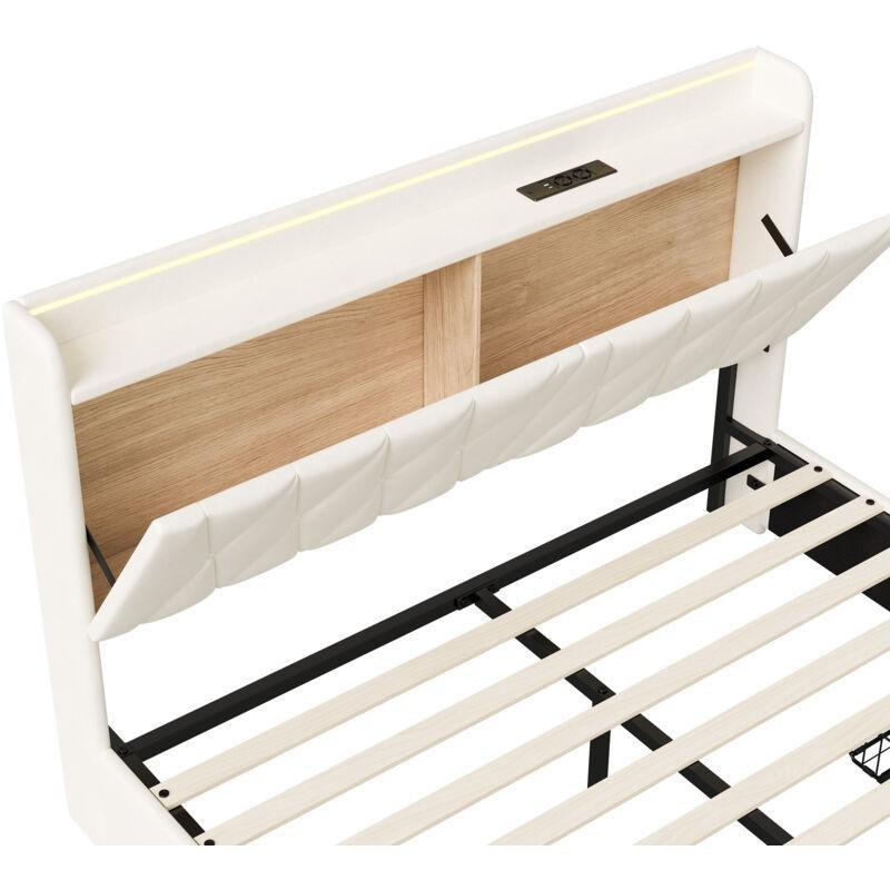 Bej Kadife LED Işıklı USB Şarjlı 3 Çekmeceli Sandıklı Baza - 140x190 cm - 143830