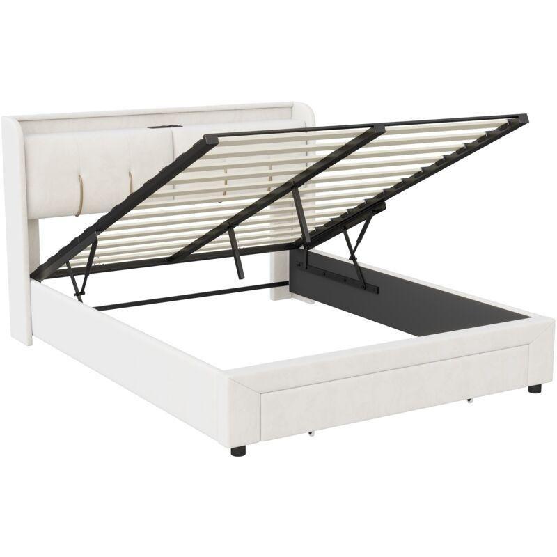 Bej Kadife LED Işıklı USB Şarjlı Sandıklı Çekmeceli Baza - 140x190 cm - 143837